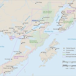 Southwest Alaska Regional Map - The Pebble Project is located on American soil, about 200 miles southwest of Anchorage in Alaska's Bristol Bay region. Pebble is located on state land designated for mineral exploration and development.